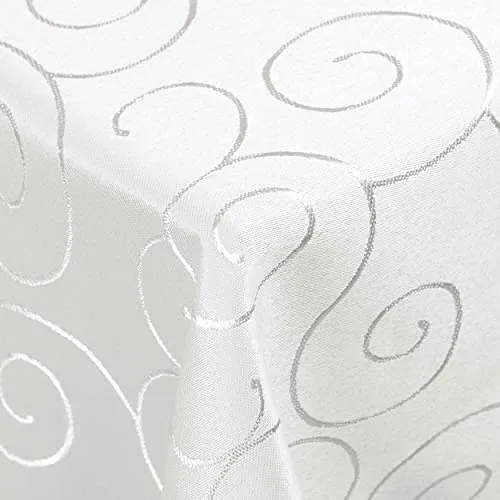 DecoHomeTextil Kringel Tischdecke, Quadratisch 130 x 130 cm Weiß, schwere Qualtität, glänzend, Damast Tafeldecke
