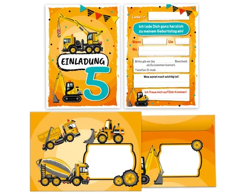 JUNAPACK Einladungskarten Baustelle zum 5. Geburtstag Einladungen mit Umschlägen Karten Jungen, Einladungskarten mit Umschlägen zum fünften Geburtstag Baustelle