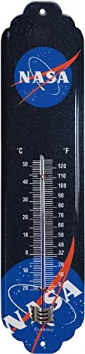 LANOLU Blechschild Thermometer NASA Merchandise - NASA Geschenke für Science Fans zum Geburtstag - NASA Thermometer aussen analog mit Meatball Logo - retro Deko, 7x28 cm
