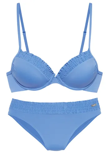 BUFFALO Bügel-Bikini Damen Gr. 38 Cup D, jeansblau - Femininer Bügel-Bikini mit wattierter Schale und Smokeinsätzen. Abnehmbare, verstellbare Träger für 3 Tragevarianten. Hergestellt aus weicher Microfaser, ideal für stilvolle Tage am Strand.