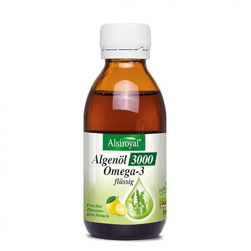 Alsiroyal Algenöl 3000 - Hochdosiertes Omega-3 für Herz, Gehirn & Sehkraft - Omega-3 Öl, 3000 mg pflanzliches Omega-3 pro Teelöffel, vegan, unterstützt Herz-, Gehirnfunktion & Sehkraft mit frischem Zitronengeschmack.
