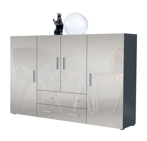 Vladon Highboard Nora - Moderne Anrichte mit 2 Schubladen und 4 Türen, bietet viel Stauraum mit 8 Fächern, in stilvollem Anthrazit matt und Sandgrau Hochglanz.