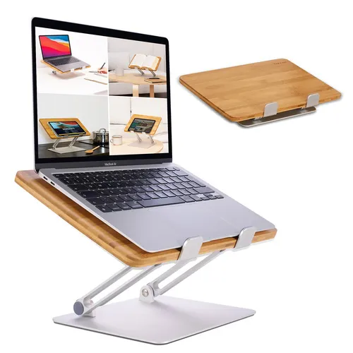 HENNEZ "Linus" Bambus Laptop-Ständer - Ergonomischer Laptop-Ständer aus Bambus, klappbar und ideal gegen Nacken- & Rückenschmerzen. Perfekt für Macbook und Microsoft Surface.