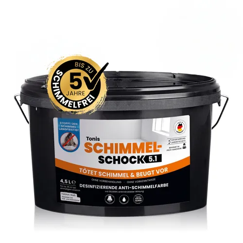Tonis SCHIMMELSCHOCK Wandfarbe Anti-Schimmel-Farbe 4,5 Liter - Farben: Effektiver Schimmelblocker mit Langzeitwirkung, für ca. 18m², ideal für feuchte Räume, schützt langfristig vor Schimmelbildung.
