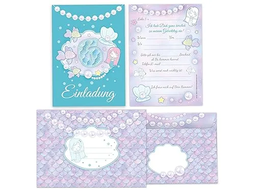 Limonia 12 Einladungskarten incl. 12 Umschläge zum 6. Kindergeburtstag Einladung Geburtstag Mädchen Meerjungfrau Nixe Mermaid türkis Perlen