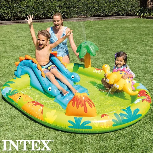 Intex 57166NP Spielplatz klein Dino - Aufblasbares Spielfeld für Kinder mit integriertem Sprühgerät und Wasserrutsche. Ideal für heiße Sommertage, sorgt für stundenlangen Spaß im Garten!