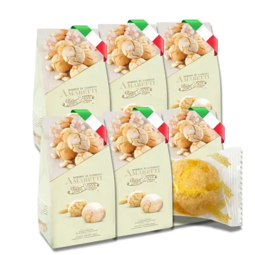 Pietro Rossi Weiche Amaretti 6x120G [EINZELN VERPACKT] - mit 37,5% Aprikosenkernen - Italienisches Kaffeegebäck - Perfekt zum Kaffee, Heißgetränken & als Dekoration - Traditionelle Rezeptur