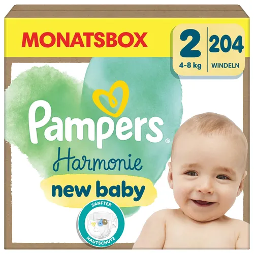 Pampers Baby Windeln Größe 2 (4-8 kg) Harmonie, HALBMONATSBOX - Einwegwindeln für sanften Hautschutz, ideal für Babys von 4-8 kg, mit besonders weichem Material für höchsten Komfort.