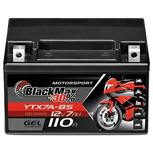 BlackMax YTX7A-BS Motorradbatterie GEL 12V 7Ah - Hohe Startleistung, wartungsfrei und ideal für Motorrad und Roller