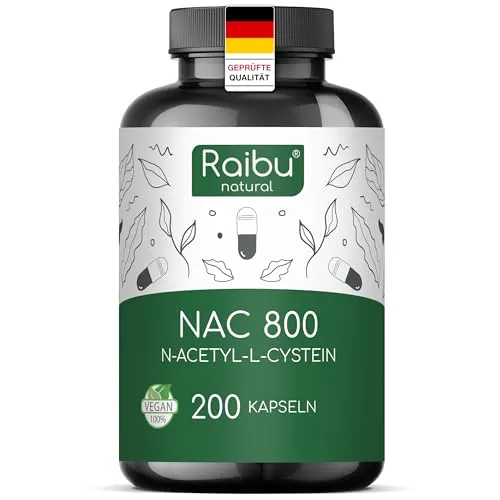 Raibu NAC 800 Kapseln hochdosiert (200 Kapseln x 800mg) - Aminosäure Acetyl-L-Carnitin, hochdosiert und vegan, hergestellt in Deutschland ohne Zusatzstoffe für höchste Qualität und Bioverfügbarkeit.