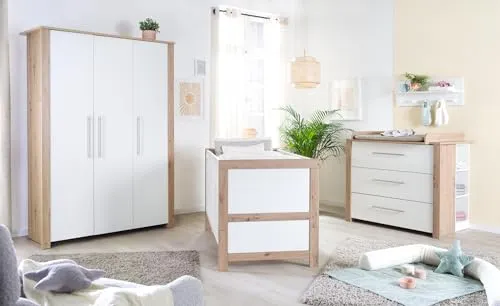 roba® Babyzimmer-Komplettset Malo 3-teilig - 3-teiliges Babyzimmer Set mit Kinderbett (70 x 140 cm) und Wickelkommode, ideal für platzsparende Lösungen und modernes Design in Weiß Artisan Eiche.