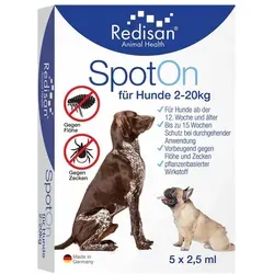 Redisan Spot-On für Hunde 5X2,5 ml - Pflanzlicher Schutz gegen Parasiten - Effektiver Schutz für Hunde von 2-20 kg gegen Flöhe und Zecken. Mit Zitronen-Eukalyptus für einen angenehmen Duft und einfache Anwendung. Ideal für den täglichen Einsatz.