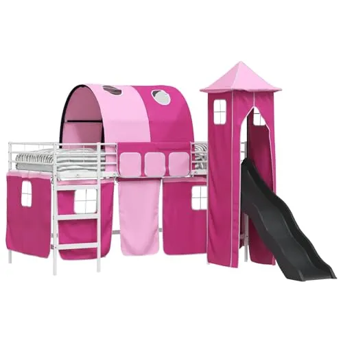 vidaXL Kinderloftbett Weiß und Rosa 90 x 200 cm - Modernes Hochbett mit Rutsche und Turm für kreatives Spielen. Der stabile Metallrahmen und die farblich abgestimmten Vorhänge bieten Privatsphäre und Stil im Kinderzimmer.