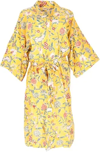 GURU SHOP Kimono im Japan Style, Handbedruckter Oversize Baumwoll Kimono Mantel, Kimonokleid - Gelb, Damen, Size:S/M