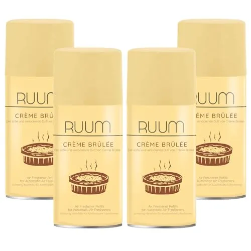 RUUM Lufterfrischer Nachfüller 4er Pack Creme Brülee - Duft Nachfüller kompatibel mit Air Wick Freshmatic, Glade Brise - 4x 250 ml Duftspray für Geruchsneutralisierung & Frische