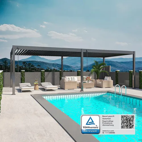 Weide Deluxe Plus Pergola 4x8 m | Aluminium freistehend mit Lamellendach - Pavillon aus hochwertigem Aluminium in Anthrazit, manuell einstellbare Lamellen für optimalen UV-Schutz und Belüftung. Ideal für stilvolle Überdachungen im Garten.