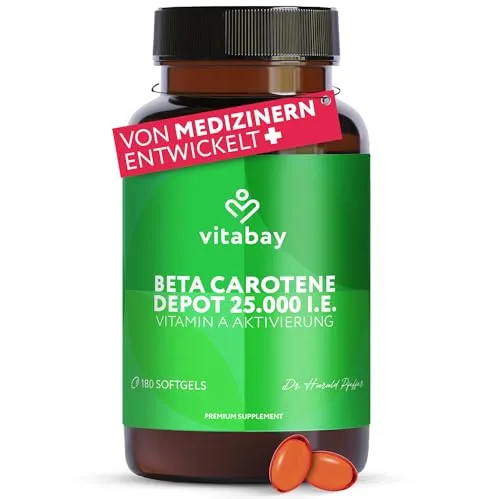 Vitabay Beta Carotin Bräunungskapseln Hochdosiert 25.000 I.E. Depot – 180 Softgels – Natürlich aus Dunaliella salina Alge – Provitamin A – Vegan, Laborgeprüft – Vorrat für 18 Monate