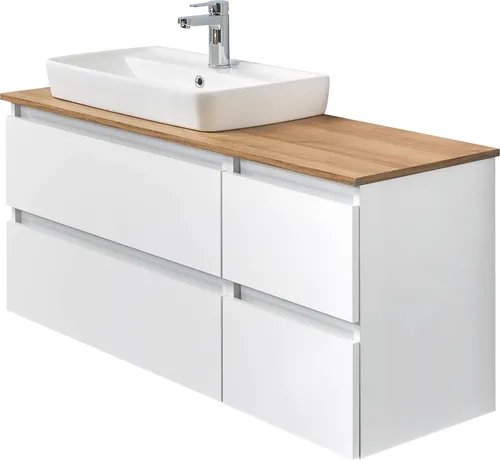 Waschtisch SAPHIR Quickset 360 mit Keramik-Aufsatzbecken, wandhängend - Wandhängender Waschtisch mit 4 Schubladen und glänzendem weißen Finish, ideal für moderne Badezimmer. Maße: B: 113 cm, H: 64,2 cm, T: 50 cm.