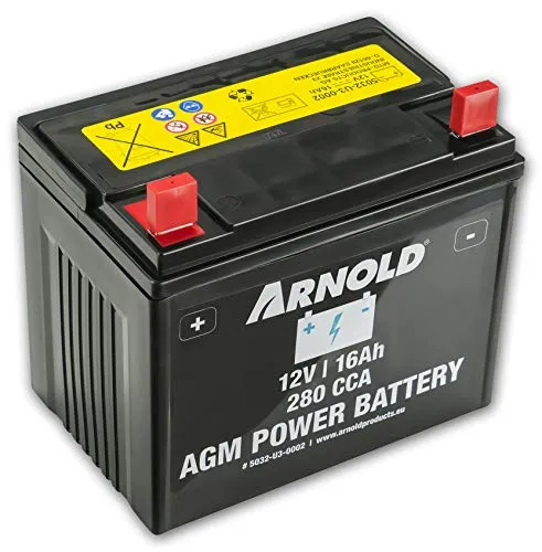 ARNOLD AGM Starterbatterie 12V 16Ah - Zuverlässiger Kaltstart für Rasentraktoren - Batterien für Rasenmäher - Wartungsfrei, sofort einsatzbereit mit hohem Kaltstartstrom für zuverlässiges Starten und geringe Selbstentladung.