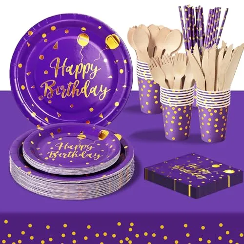 PYAILI 193 Pieces Happy Birthday Partygeschirr Set | Kindergeburtstag Lila Gold Pappteller | Tablecloth, Plates, Cups, Napkins, Papier Strohhalme und mehr (24 Gästes)