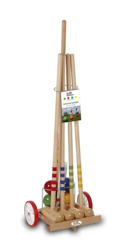 GICO Qualitäts Krocketwagen für 4 Spieler - Spiel gut (Auszeichnung) - Croquet: Hochwertiges Krocketspiel für 4 Personen mit Massivholzschlägern und stabilem Transportwagen für unvergessliche Gartenmomente.