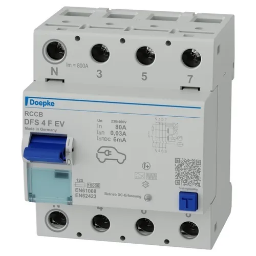 Doepke FI-Schalter DFS 4080-4/0,03-F EV IP20 - Leistungsschalter für sicheren Stromschutz, 4-polig mit 80 A und 0,03 A Fehlerstromschutz, ideal für industrielle Anwendungen und hohe Sicherheit.