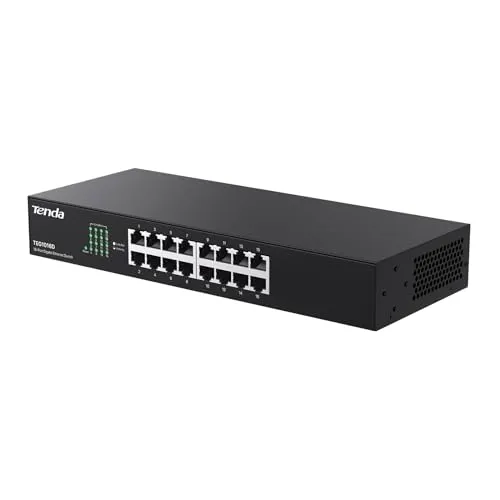 Tenda 16-Port Gigabit LAN Switch - Netzwerk-Switch mit 16 Ports, lüfterlosem Design für leisen Betrieb und vielseitigen Montagemöglichkeiten – ideal für geräuschempfindliche Umgebungen.