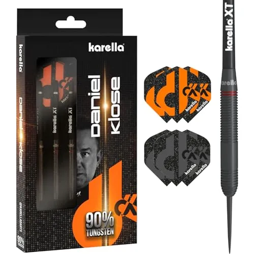 Karella Steeldart Daniel Klose, 90% Tungsten, 20 g, 2 Flight Sets, 3 Pfeile mit Metallspitze, für Klassische Dartscheibe, Dartboard