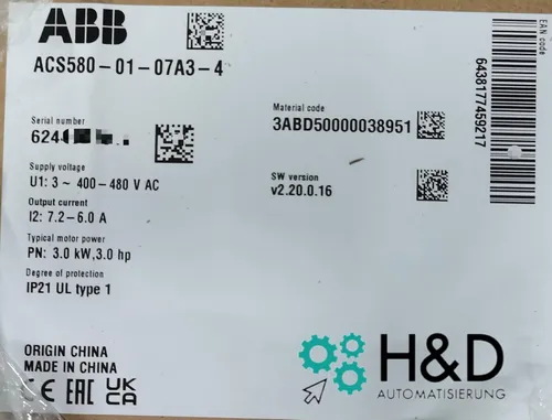 ABB ACS580-01-07A3-4 Inverter 3.0 kW - Frequenzumrichter für industrielle Anwendungen, max. Ausgangsfrequenz 500 Hz, ideal für präzise Motorsteuerung und Energieeffizienz.