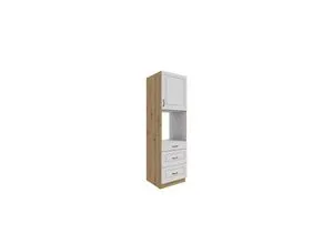 Küchen Backofen Hochschrank 60 cm Stilo Weiß + Eiche Artisan - Küche Hochschränke mit 3 Schubkästen und Platz für einen autarken Backofen. Hochwertige Materialien und gedämpfte Vollauszüge sorgen für leises Schließen und elegantes Design.