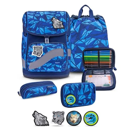 Belmil Smarty Plus Premium Schulranzen Set 405-51/P/S (Glacier Blue 2) - Schulranzen für die Grundschule, mit höhenverstellbarem Rückensystem und Fidlock Magnetverschluss für einfaches Öffnen. Ideal für gesunde Rücken, empfohlen von Aktion Gesunder Rücken e.V.