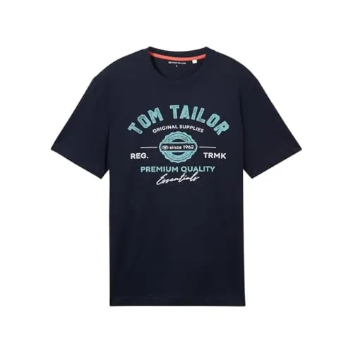 TOM TAILOR Herren T-Shirt mit Logo-Print aus Baumwolle, Dark Blue, XXL