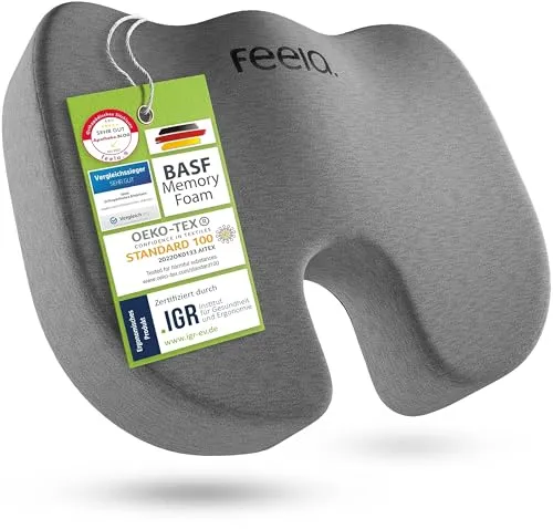 feela.® Orthopädisches Sitzkissen (Medium) - Ergonomisches Sitzkissen für Bürostuhl, Auto & Co - Rücken- & Sitzkissen – Orthopädisch empfohlenes Design mit Memory-Schaum für optimalen Sitzkomfort und Schmerzlinderung, ideal für Büro, Auto und Zuhause.