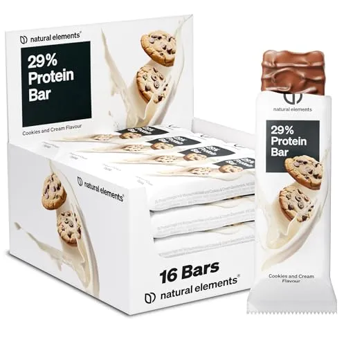 natural elements Proteinriegel Cookies & Cream – Low Sugar Eiweißriegel – 13g Protein und 164kcal pro Riegel – 16x45g, vegetarisch, ohne Palmöl, – in Deutschland laborgeprüft