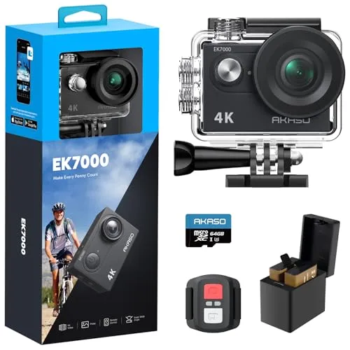 AKASO EK7000 Action Cam 4K30FPS - Actionkameras: 4K Ultra HD Video, 170° Weitwinkel, ideal für Abenteuer und Unterwasseraufnahmen mit 64GB Speicherkarte.