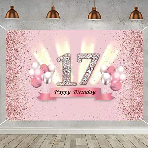 17. Geburtstag Banner 17 Geburtstag Deko Rosegold Party Dekoration Mädchen, Stoff Schild Poster 17. Jahrestag Party Geburtstagsbanner Tischschmuck Plakat, Glitzern Rosa