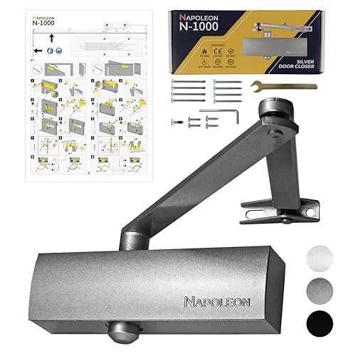 NAPOLEON N-1000 Automatischer Türschließer - Vielseitig & Robust für Türen 20-60kg (Silber) - Robuster Türschließer mit geprüfter Qualität für eine einfache Montage. Ideal für rechts- und linksöffnende Türen, individuell einstellbare Schließgeschwindigkeit für optimalen Komfort.