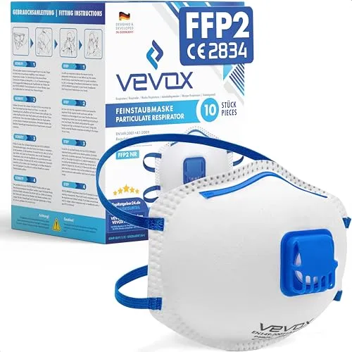 VEVOX FFP2 Filtrierende Halbmasken mit Ventil – 10er Set - Mund-Nasen-Masken mit FFP2 Schutzklasse, ideal gegen Feinstaub und Baustaub, ausgestattet mit Membranventil für optimalen Tragekomfort.
