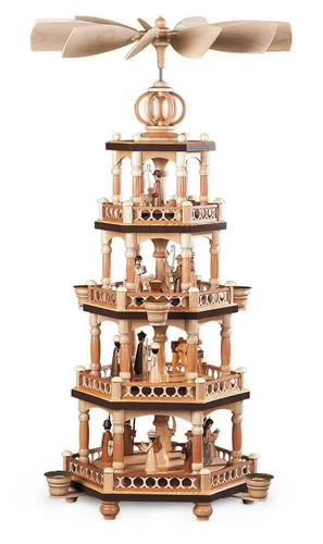 Pyramide Heilige Geschichte 4-stöckig - Müller Erzgebirge - Tischkrippen mit 4-stöckiger Pyramide, die die Heilige Geschichte auf 65cm Höhe eindrucksvoll erzählt und ein einzigartiges Dekorationselement für Ihr Zuhause darstellt.