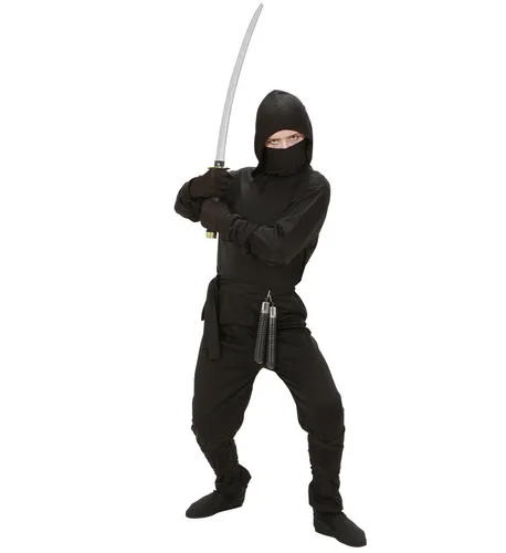 Ninja Coat Kapuze Hose Maske Set Kostüm Verkleidung schwarz Größe 128 5-7 years