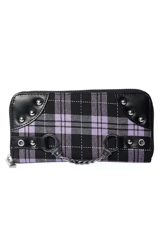 Banned Tartan Handcuff Purse Purple - Damen-Geldbörsen, ca. 20 cm x 10 cm x 3 cm mit Reißverschluss und funktionierenden Miniatur-Handschellen für einen einzigartigen Look