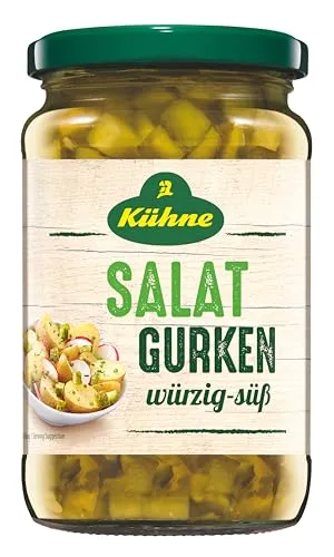 Kühne Salat Gurken, 370ml - Ideal für frische Salate: Die knackigen Gurkenwürfel verfeinern Ihre Gerichte und sind ohne Konservierungsstoffe. Perfekt für eine bewusste, vegane Ernährung.
