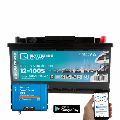 Q-Batteries Lithium Akku 12-100S 12,8V 100Ah - Powerstations mit 1280Wh LiFePO4 Technologie und Victron Orion Ladegerät für zuverlässige Energieversorgung und lange Lebensdauer.