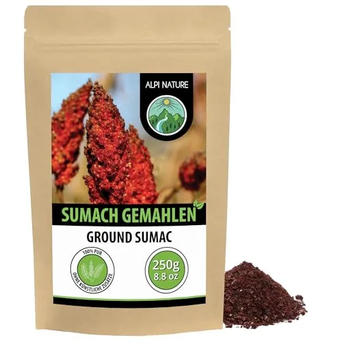 Alpi Nature Sumach Gewürz 250g, Sumach Pulver mit Salz, Essigbaumgewürz gemahlen, Sumac Gewürz zum Kochen