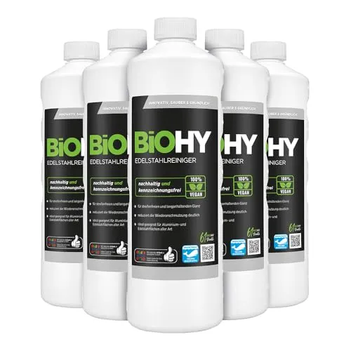 BiOHY Edelstahlreiniger (6 x 1 Liter) | Edelstahlpflege für streifenfreien Glanz | ideal für Küche, Töpfe oder Grill | Edelstahl reinigen in Gastronomie & Haushalt | pflegendes Putzmittel