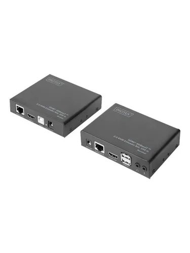 DIGITUS HDMI KVM Extender 4K/60Hz - KVM Extender für 4K-Übertragung bis 100m, unterstützt unkomprimierte Datenübertragung und spart Verkabelung durch Bündelung von Multimedia- und USB-Signalen.