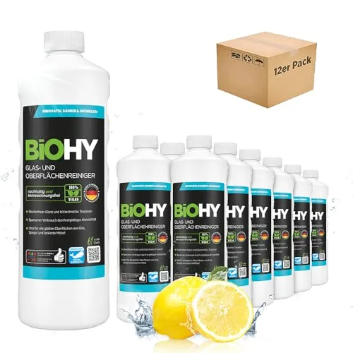 BiOHY Glas- und Oberflächenreiniger 12 x 1 Liter - Reinigungsmittel für streifenfreien Glanz, ideal für Fenster und Küche, entfernt effektiv Fett und Kalk.