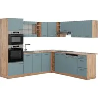 Vicco Winkelküche R-Line in Blau-Grau und Goldkraft Eiche - Moderne L-Form Küchenzeile, flexibel anpassbar mit höhenverstellbaren Füßen. Perfekt für individuelle Küchengestaltung und mehr Lebensqualität beim Kochen.