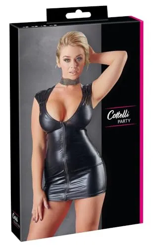 Cottelli Collection Party - figurbetontes Minikleid im Wetlook für sie, verführerisches Kleid mit tiefem Ausschnitt und 2-Wege-Reißverschluss, schwarzes Dessous-Kleid