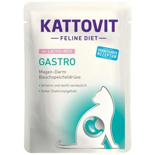 KATTOVIT Gastro Lachs + Reis| Diät-Katzenfutter| 85g| Nassfutter für Katzen bei Verdauungsproblemen|